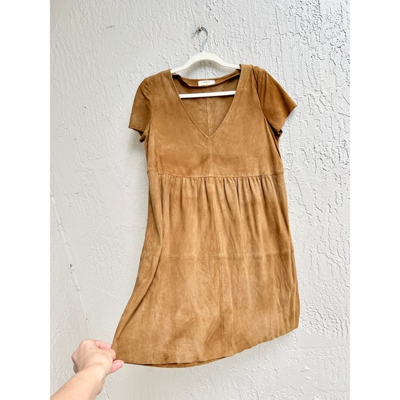 Ba&Sh Short Sleeve Goat Suede Leather V-Neck Mini Dress Beige Women's 2 / Medium - Picture 5 of 11